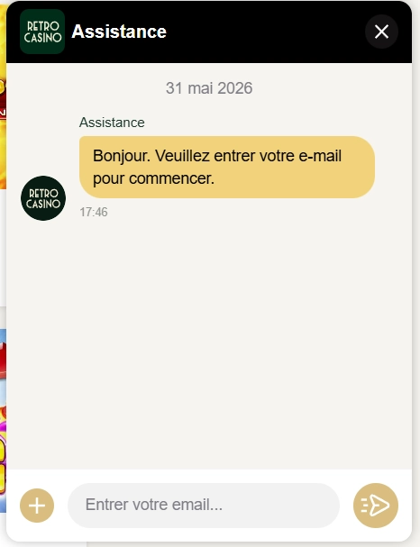 Retro Casino chat d’assistance en français avec formulaire de contact par e-mail