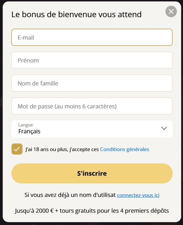 Retro Casino formulaire d’inscription avec bonus de bienvenue jusqu’à 2 000 € et tours gratuits