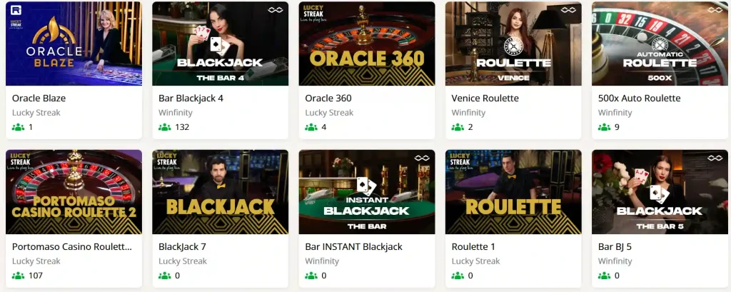 Retro Casino tables de live casino avec roulette et blackjack en direct
