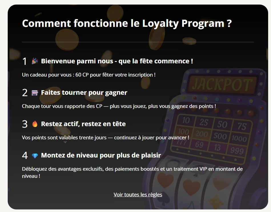 Retro Casino programme de fidélité avec 60 CP offerts et progression VIP