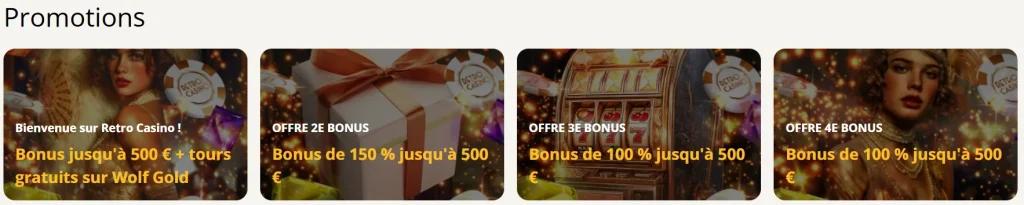 Retro Casino promotions avec bonus de bienvenue et offres sur les quatre premiers dépôts
