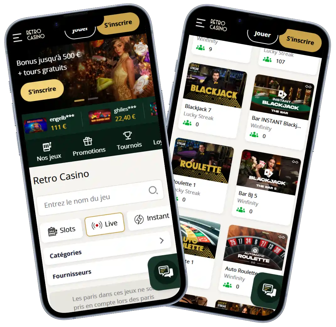 Retro Casino version mobile avec live casino, promotions et jeux accessibles sur smartphone